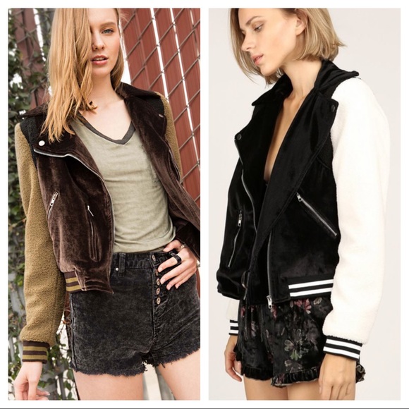 Velvet Sherpa Contrast Moto Jacket Brown - Picture 3 of 7